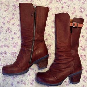 John Fluevog Women's Burgundy Leather Mid-Calf Boots with Side Zip and Buckle